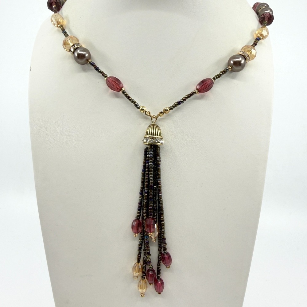 Elegant Gold Tone Multi-Strand Tassel Necklace with Crystal Beads
